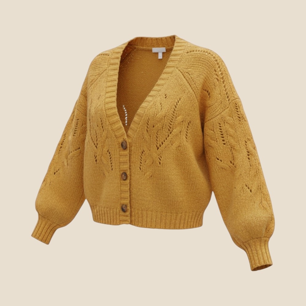 Freshman 1996 Mustard Yellow Cropped Cardigan Balloon Sleeve Pointelle Knit L